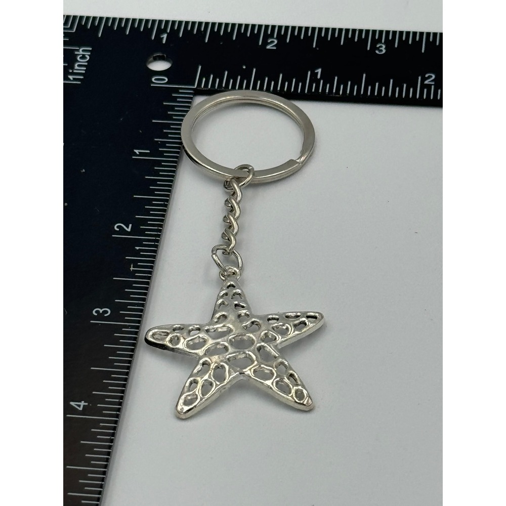 Silver Starfish Keychain Nautical Beach Ocean Openwork Cutout‎ Charm Key Ring